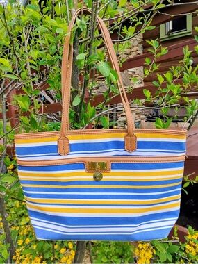 Tommy Hilfiger Blue and Yellow Canvas Tote w Faux Leather Handles